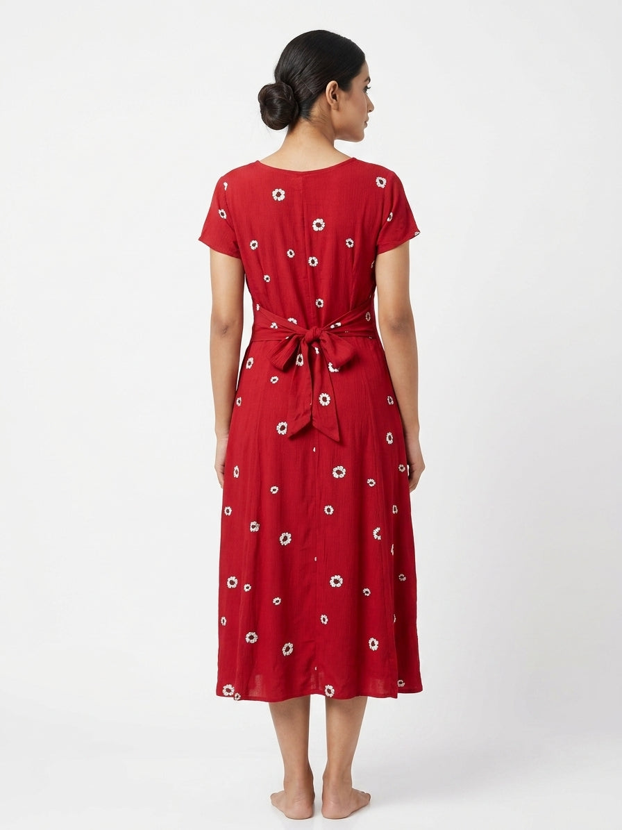 Red Printed Rayon Casual Dress