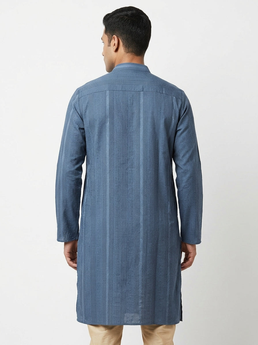 Fabindia Blue Self Design Silk Blend Kurta