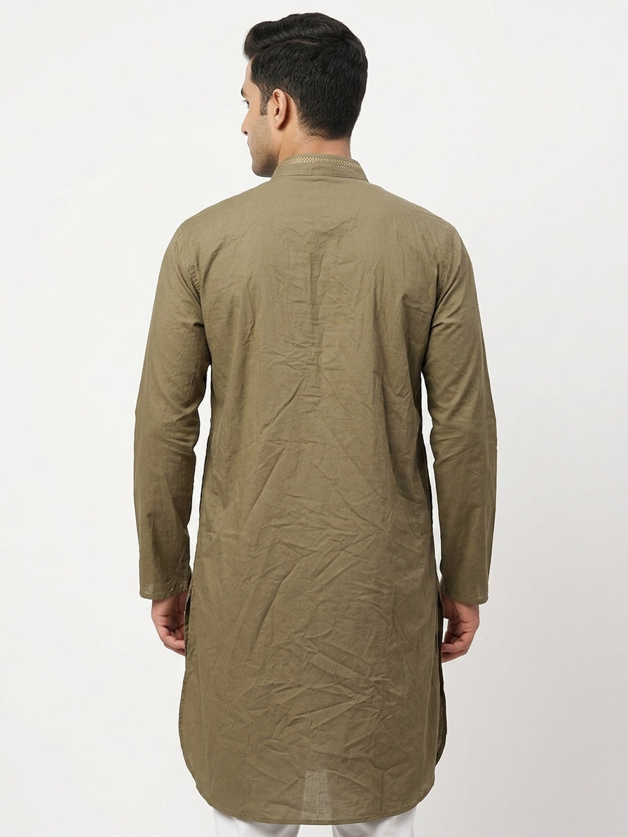 Men's Olive Embellished Cotton Kurta