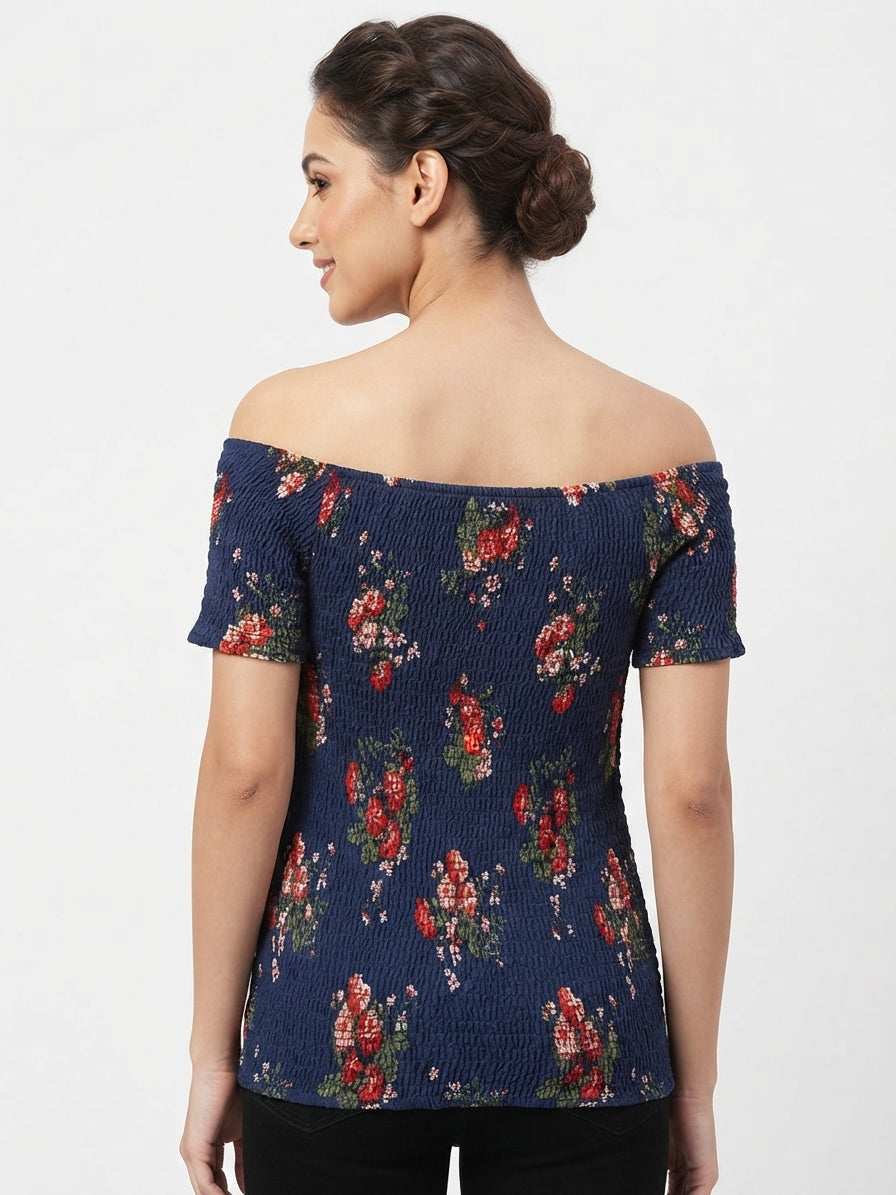 Navy Blue Floral Smocked Off-Shoulder Top