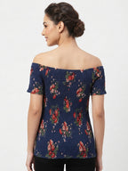 Navy Blue Floral Smocked Off-Shoulder Top