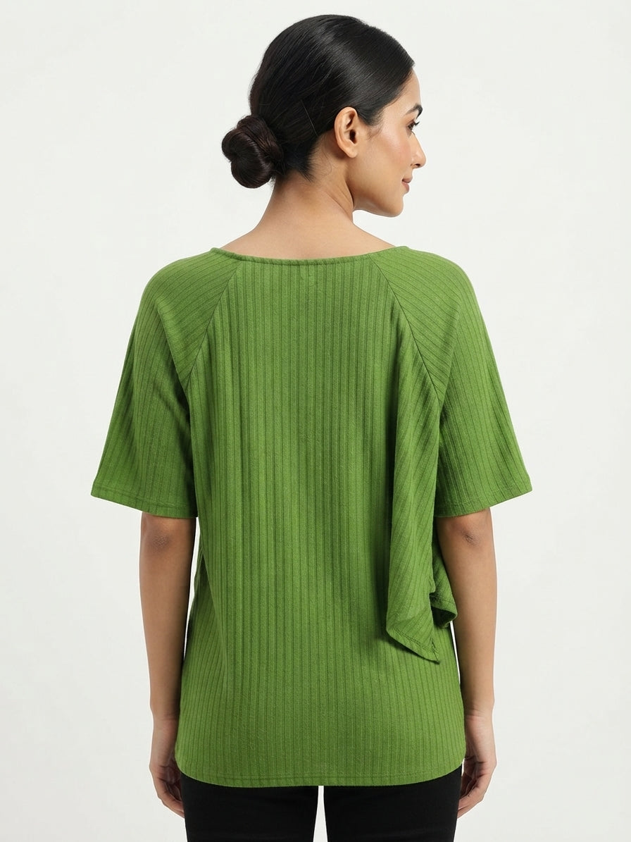 Women's Green Ribbed Wrap V-Neck Top