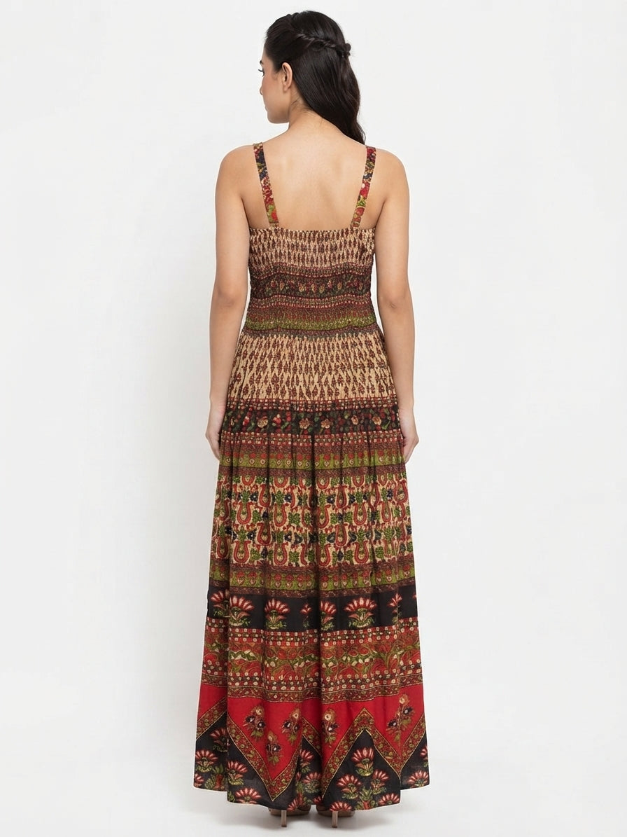 Multi-colored Ethnic Print Flared Maxi Dress