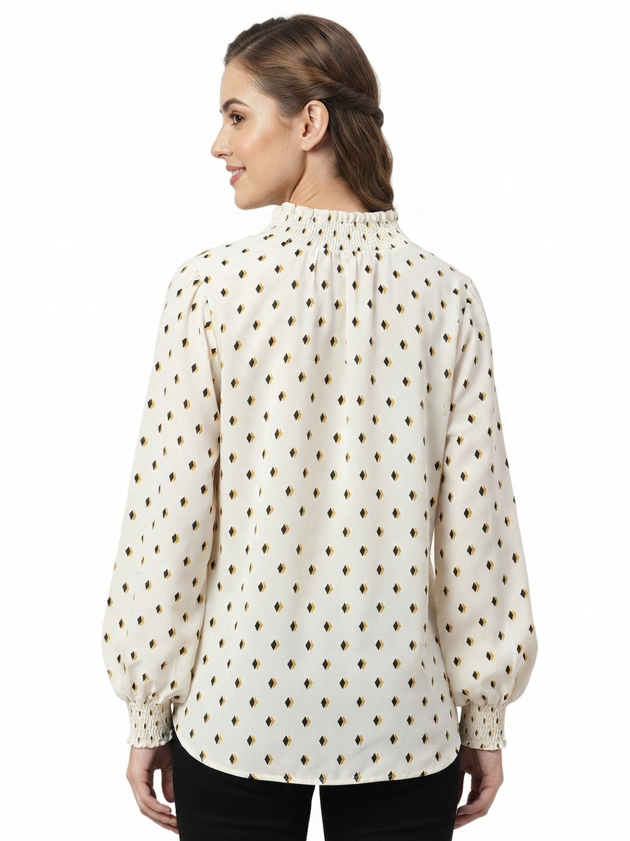 Women's Off White Geometric Printed Smocked Neck Top
