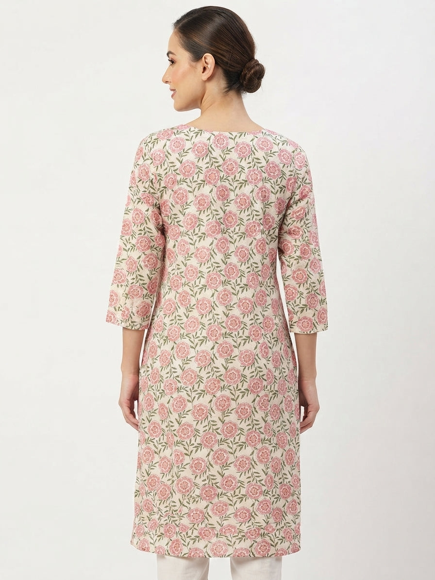 Cream Floral Print Straight Kurti