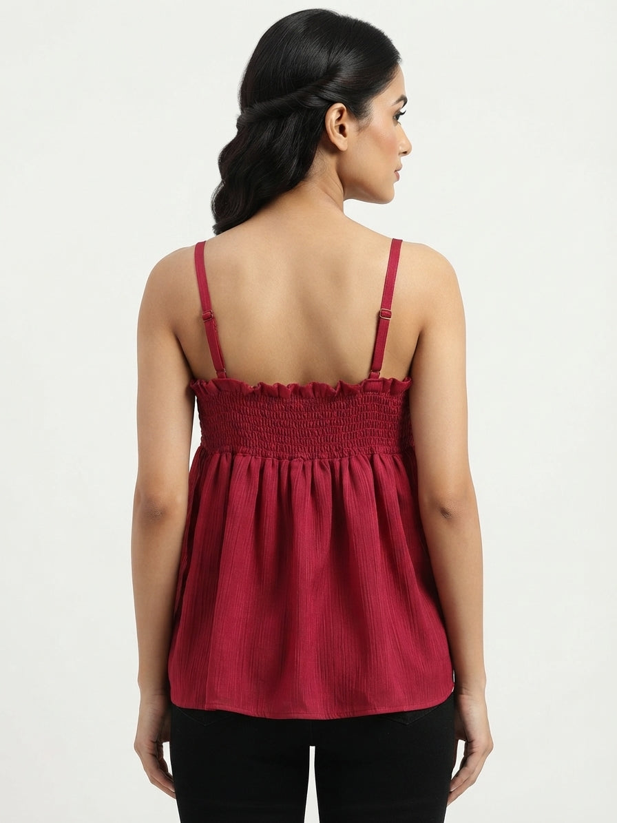 Women's Wine Relaxed Fit Smocked Top