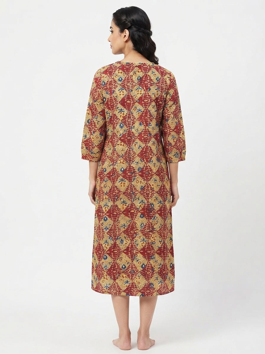 Women's Maroon and Beige Ethnic Print Kurti