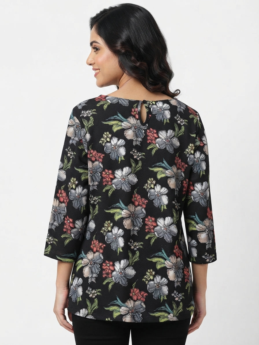 Women's Black Floral Printed Regular Fit Top