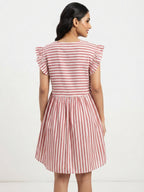 Red and White Striped Ruffled Sleeve Dress
