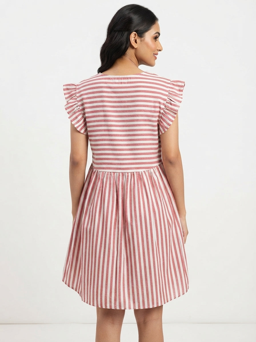 Red and White Striped Ruffled Sleeve Dress
