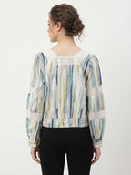Abstract Print Multi-Color Top with Crochet Details