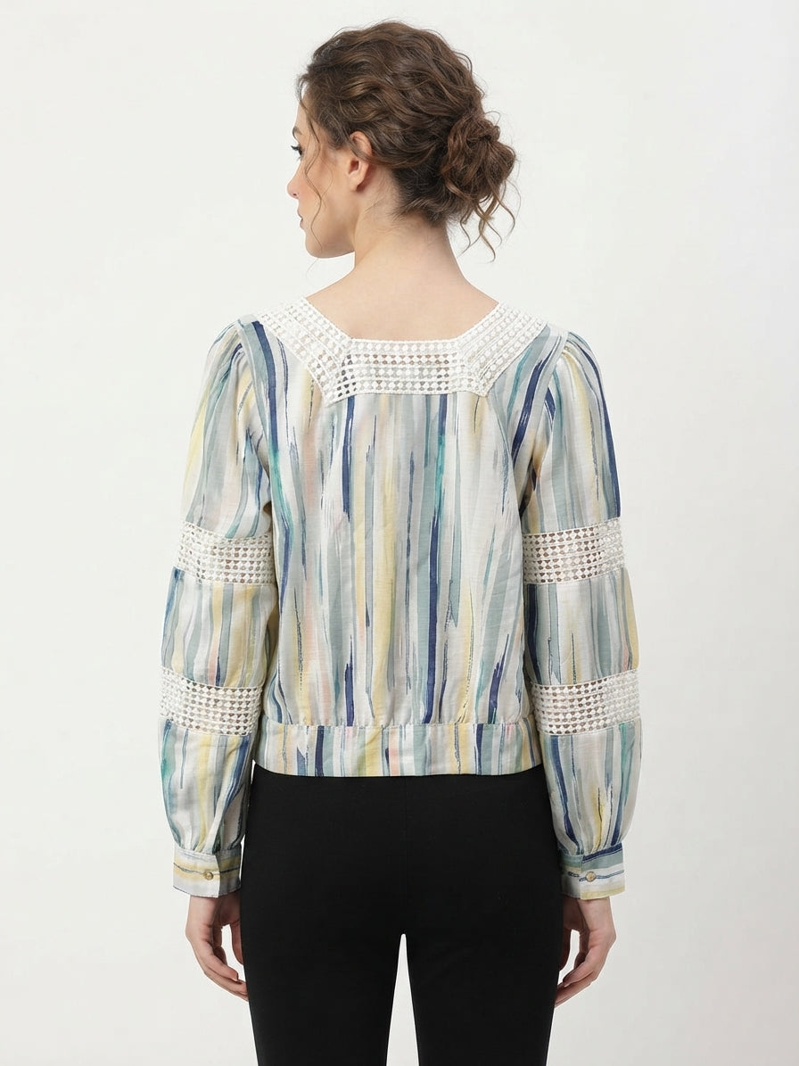 Abstract Print Multi-Color Top with Crochet Details