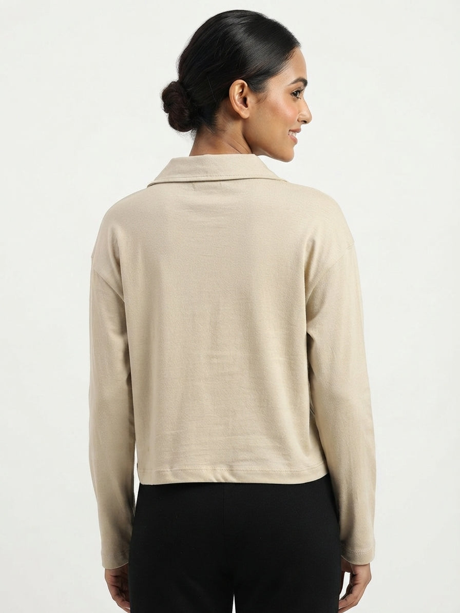 Beige Solid Knit Polo Collar Long Sleeve Relaxed Fit Top