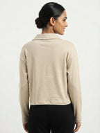 Beige Solid Knit Polo Collar Long Sleeve Relaxed Fit Top