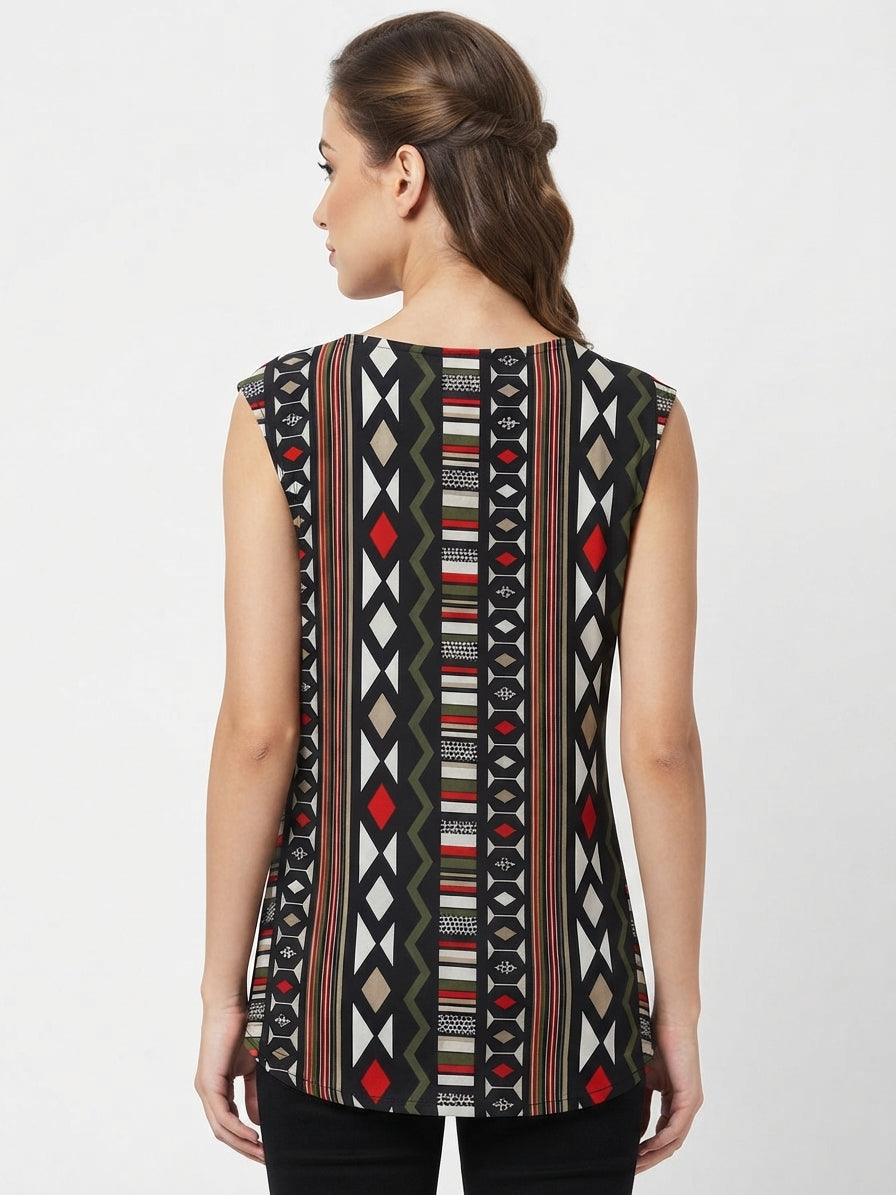 Black Geometric Print Sleeveless Top