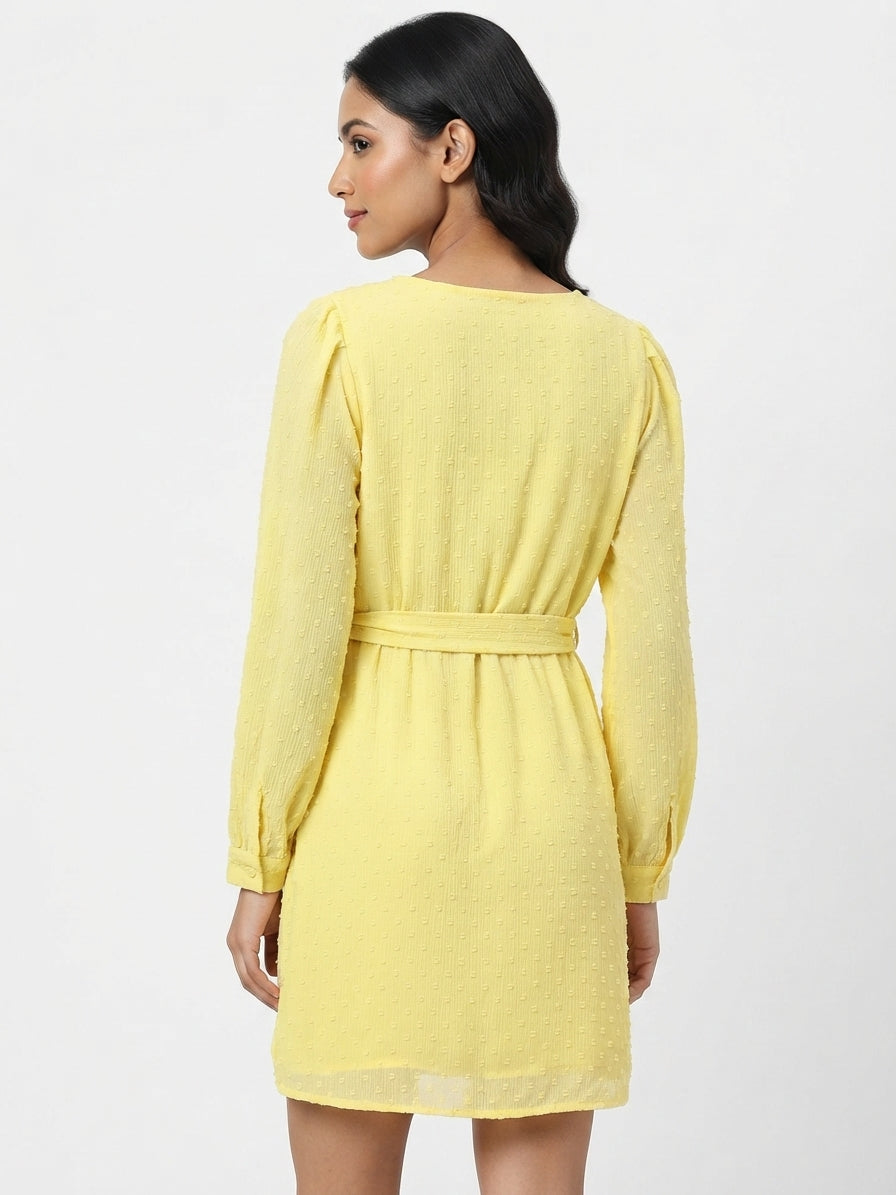 Women's Yellow Textured Wrap Dress