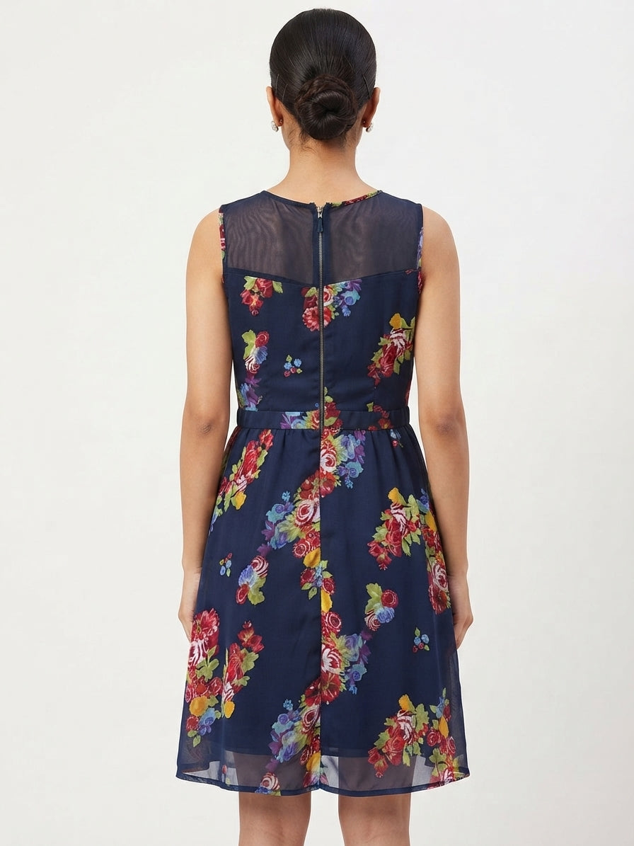 Navy Floral Printed Sleeveless A-line Dress