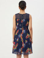Navy Floral Printed Sleeveless A-line Dress
