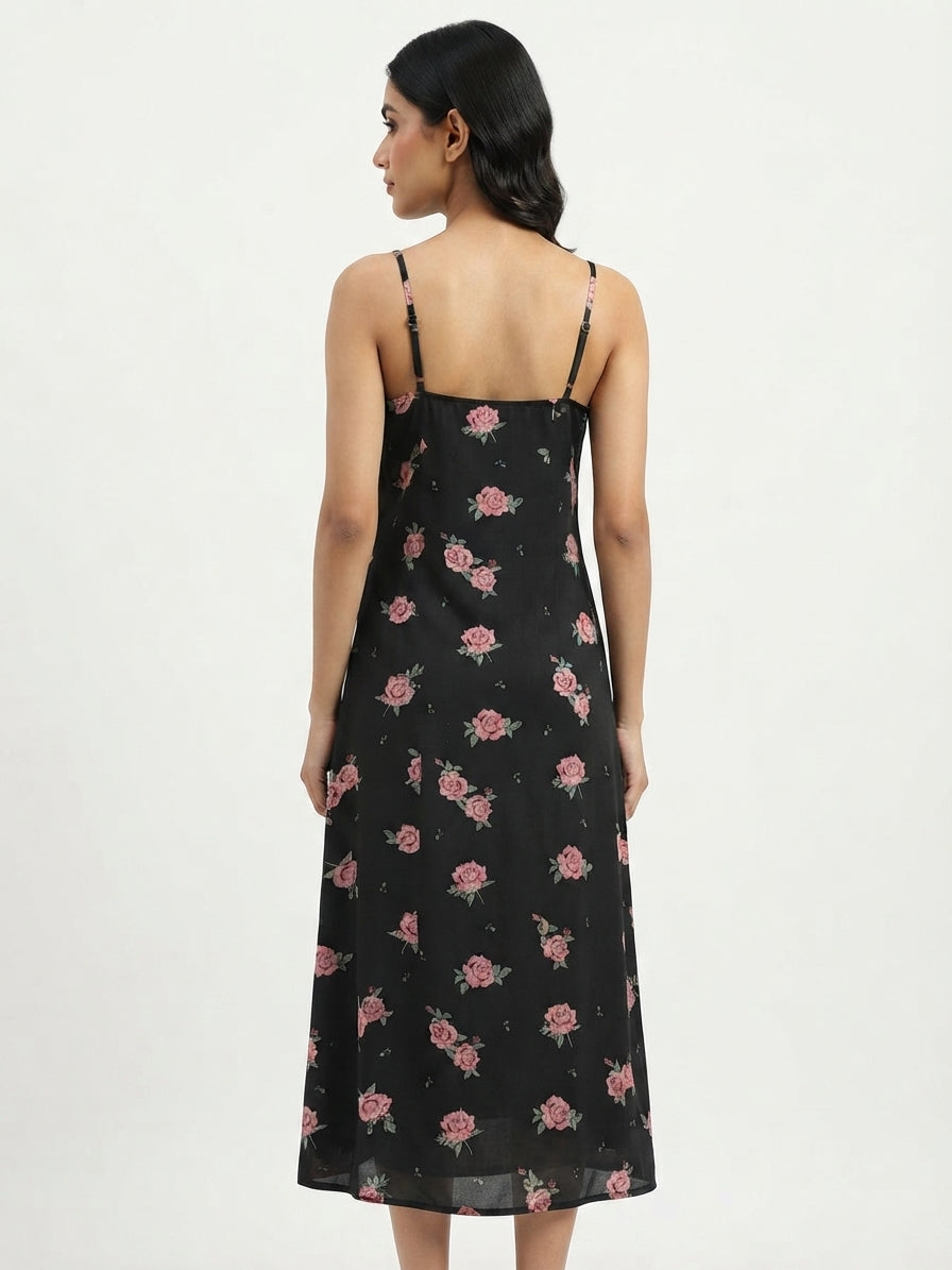 Black Floral Printed A-line Midi Dress