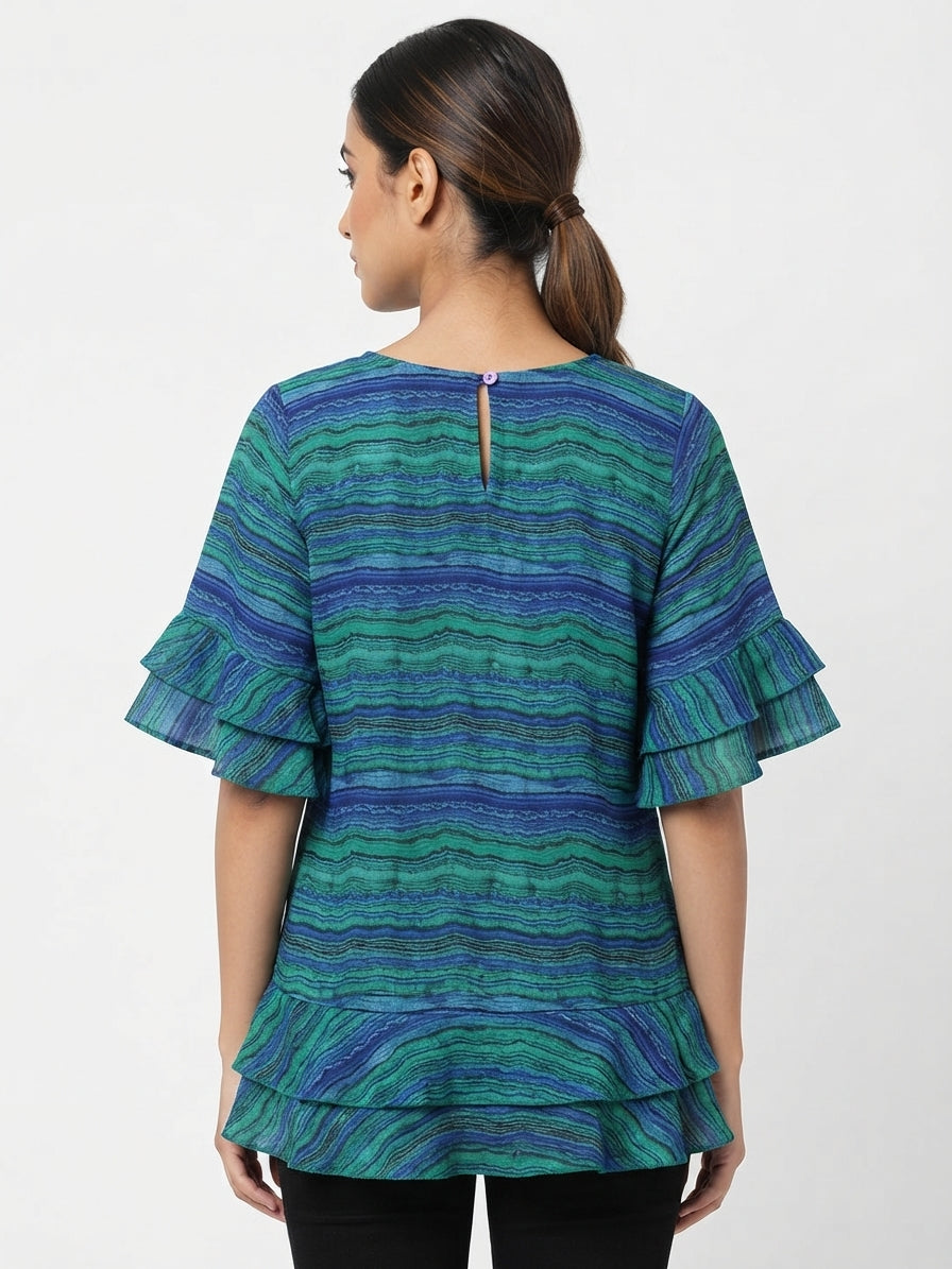 Women's Multi-Color Striped Ruffle Sleeve Top