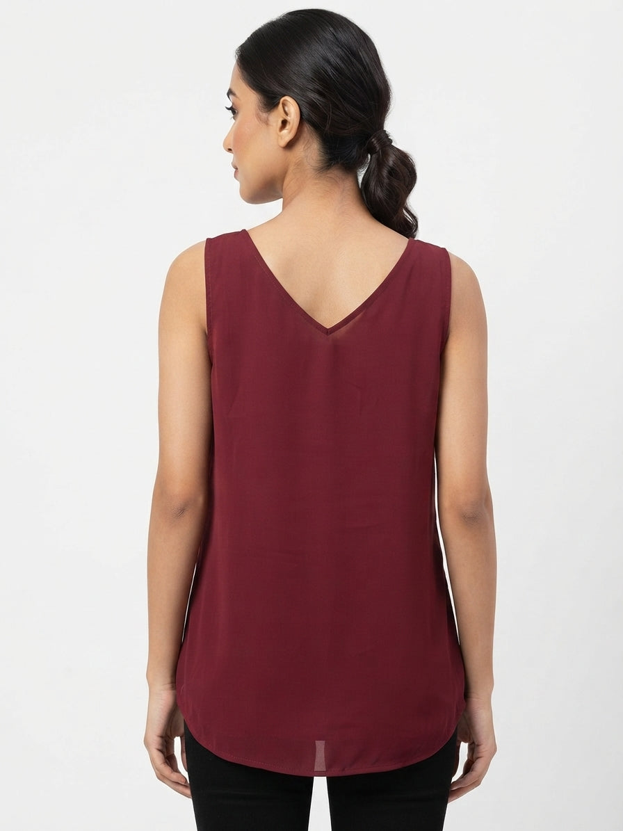 Women's Burgundy V-Neck Sleeveless Relaxed Fit Top