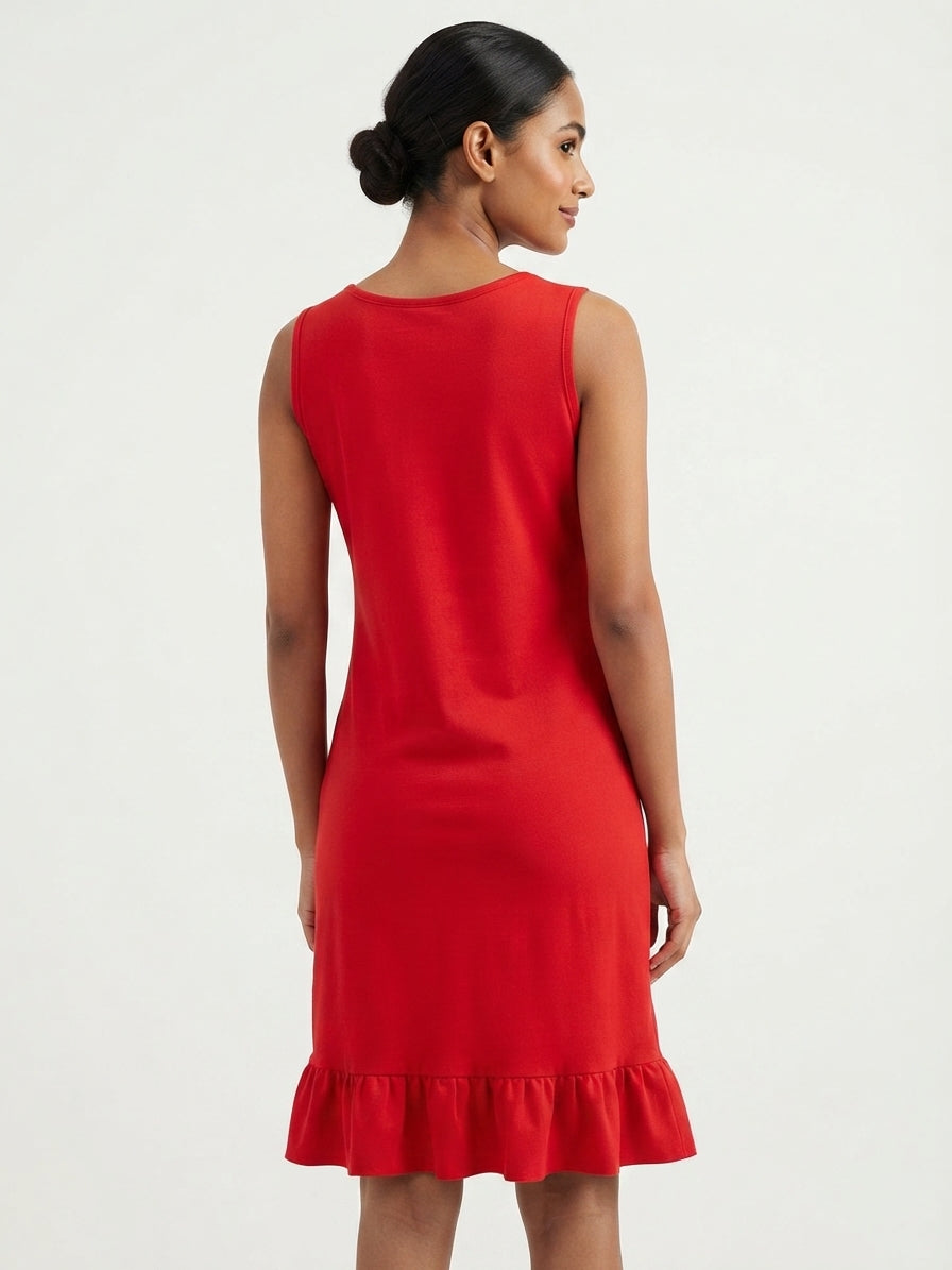 Red Solid Regular Fit Sleeveless Dress with Ruffle Hem