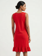Red Solid Regular Fit Sleeveless Dress with Ruffle Hem