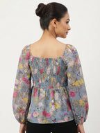 Light Blue Floral & Butterfly Print Smocked Top
