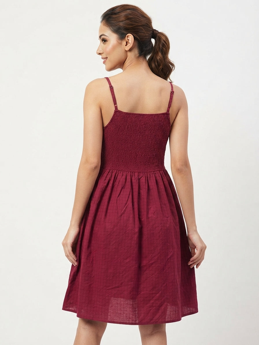 Maroon A-line Shirred Strappy Dress