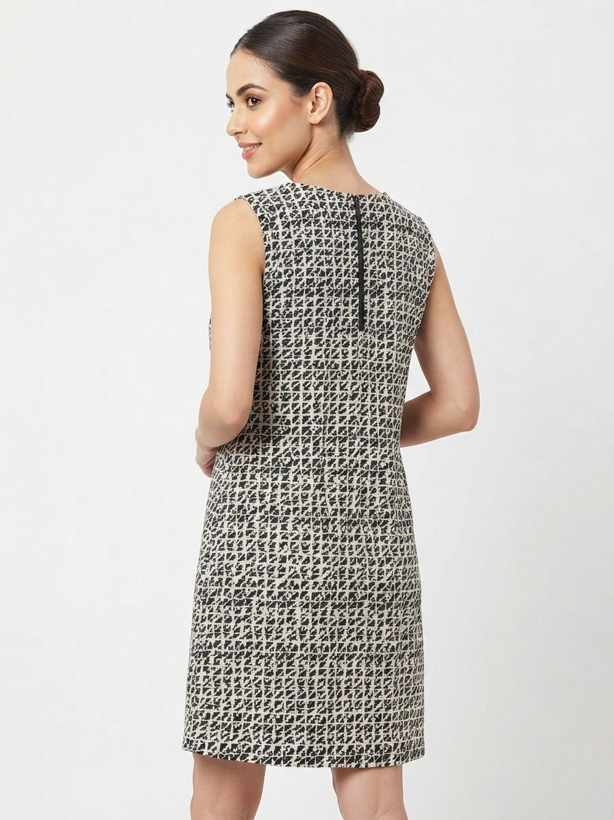Women's Off White & Black Abstract Print Sleeveless Dress