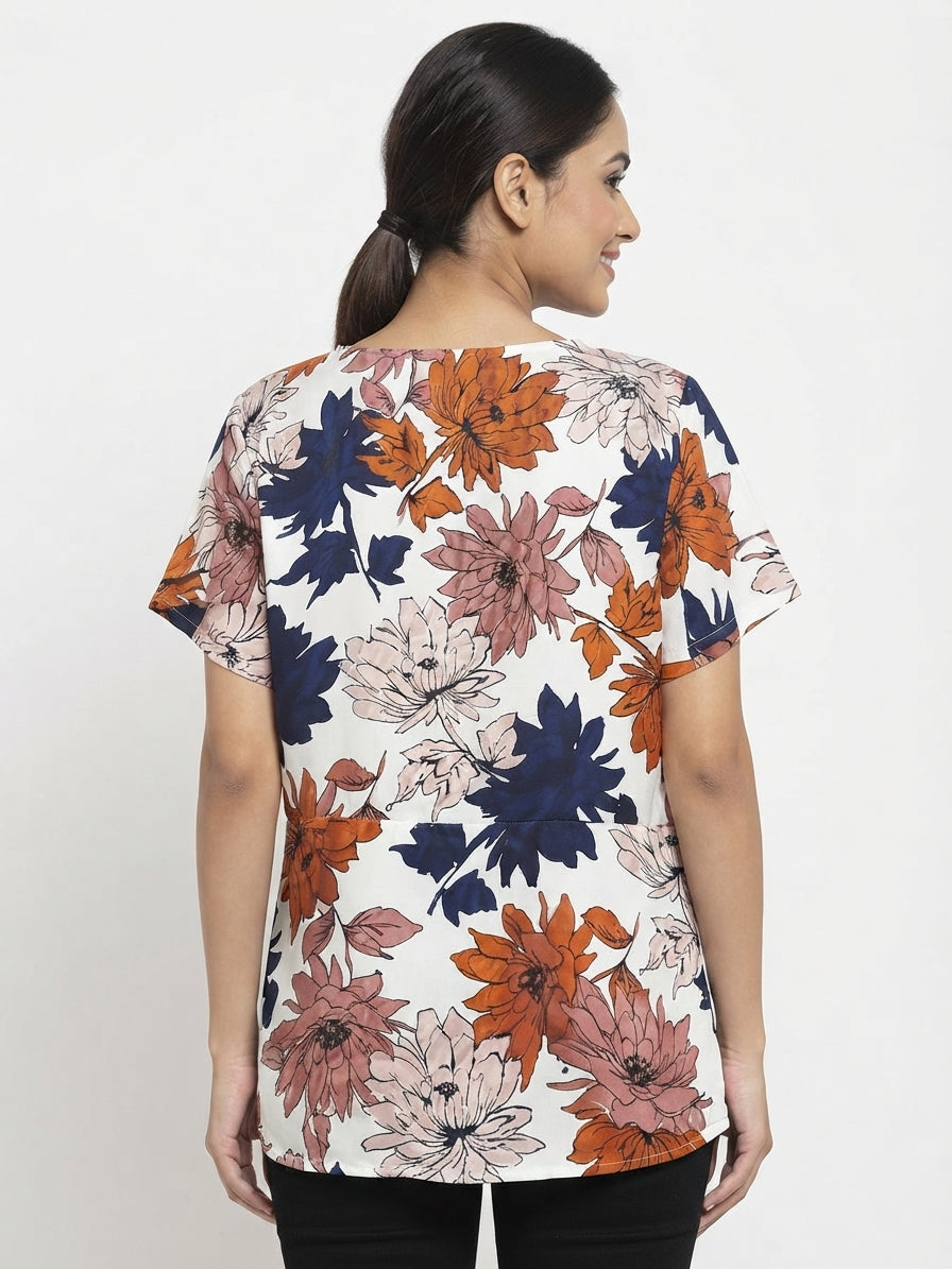 Women's Multi Floral Print V-Neck Short Sleeve Top