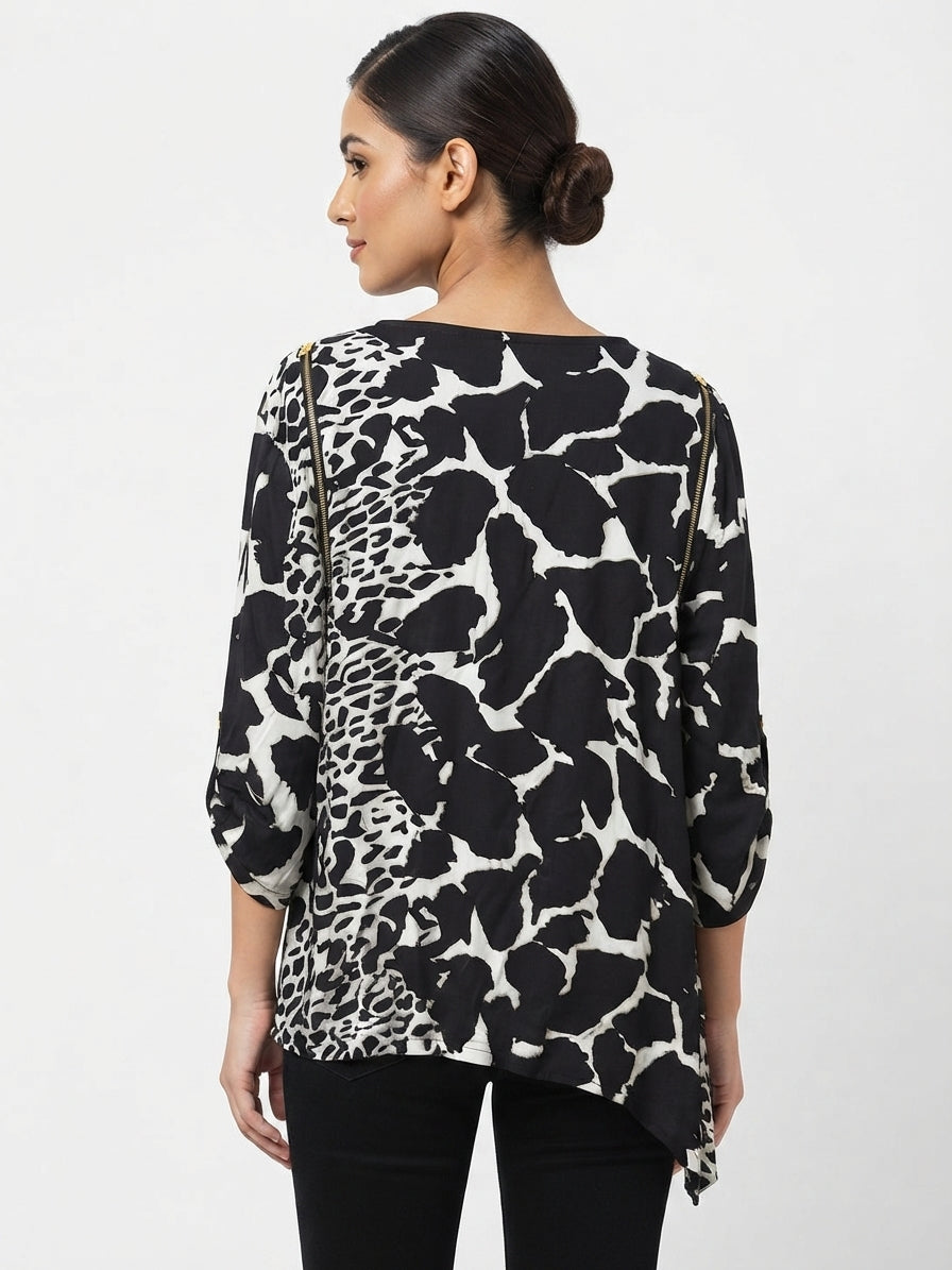 Women's Multi-Color Animal Print Relaxed Fit Top with Zipper Detail