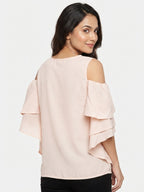 Peach Solid Cold Shoulder Ruffled Top