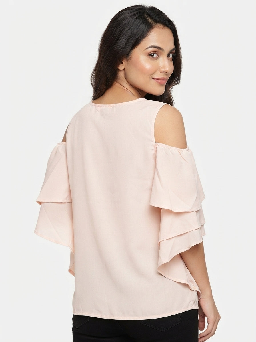 Peach Solid Cold Shoulder Ruffled Top