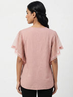Women's Pink Solid V-Neck Top with Dotted Mesh Sleeves
