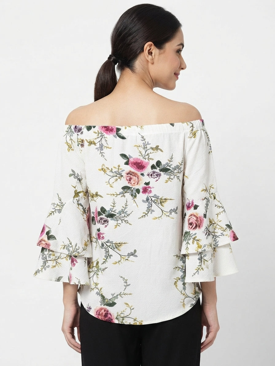 Women's White Floral Print Off-Shoulder Top