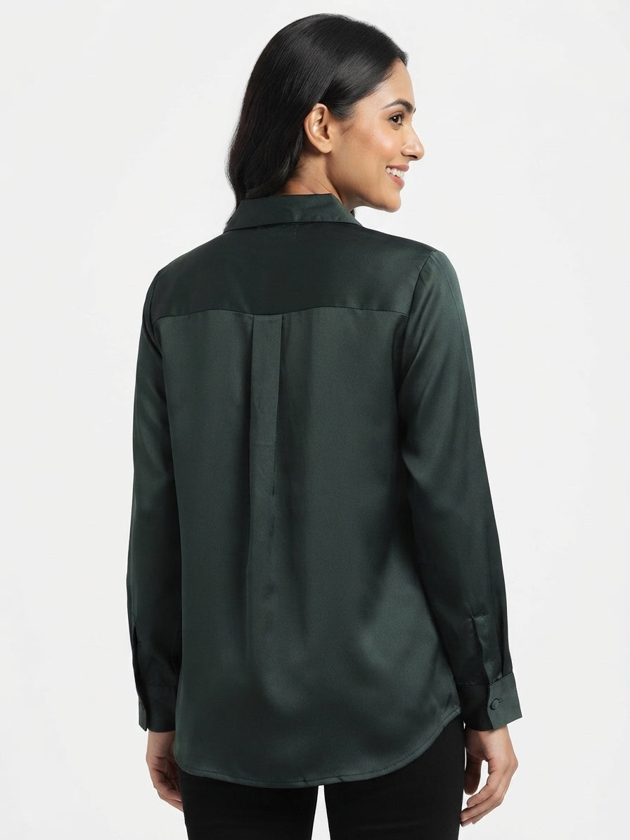 Dark Green Solid Polyester Casual Shirt