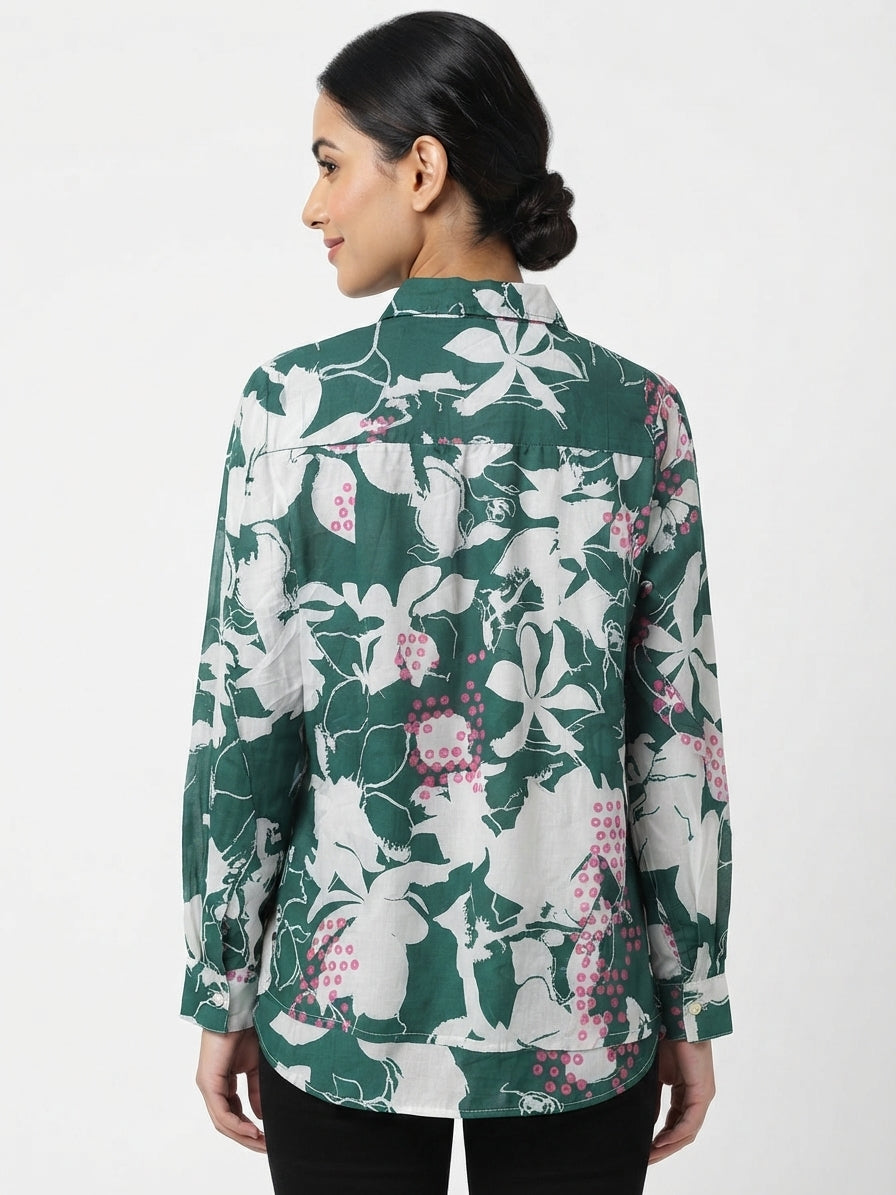 Women's Dark Green Floral Printed Casual Shirt