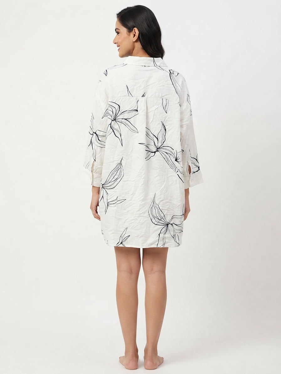 White Floral Printed Oversized Casual Shirt
