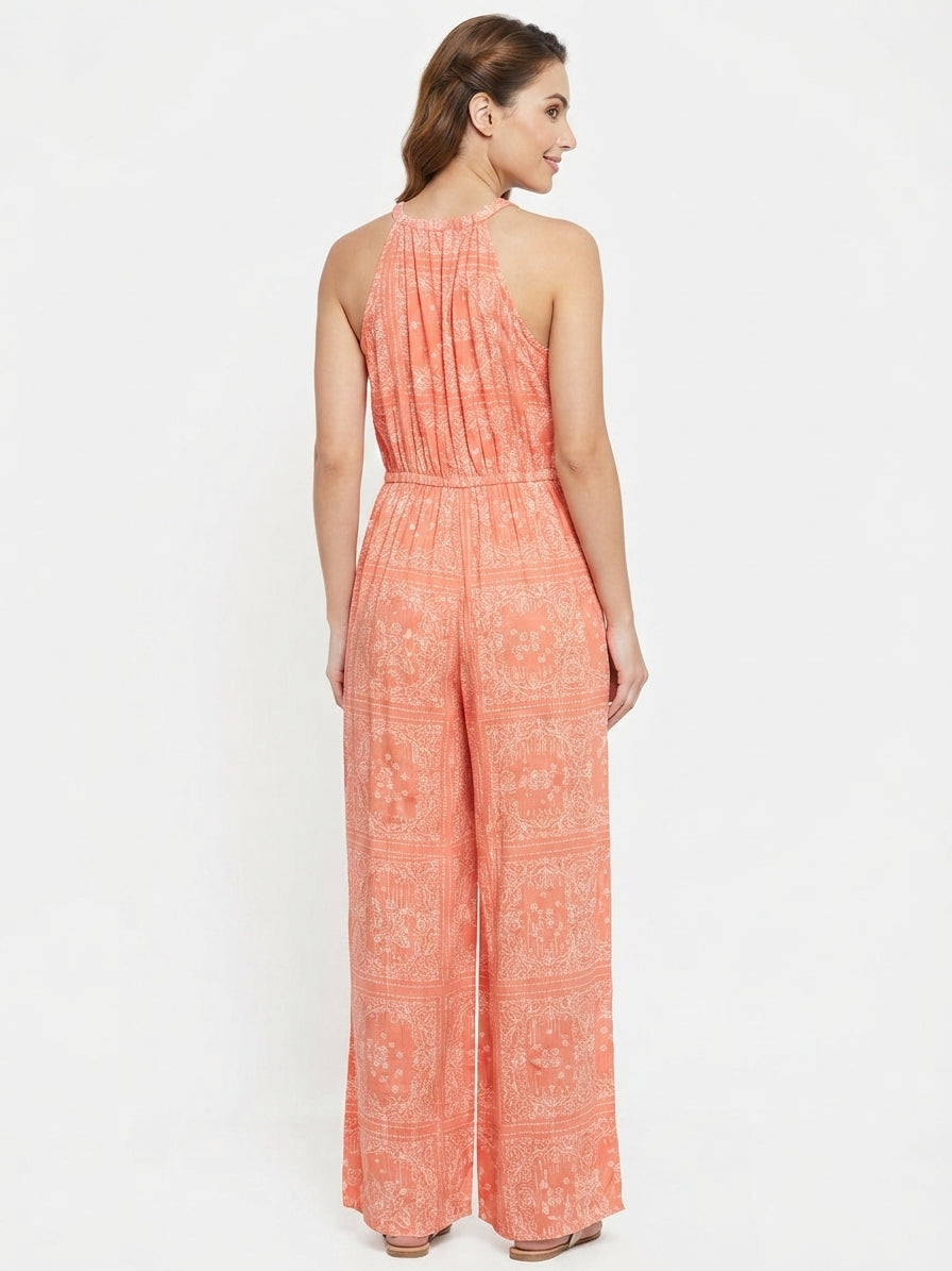 Peach Printed Halter Neck Jumpsuit