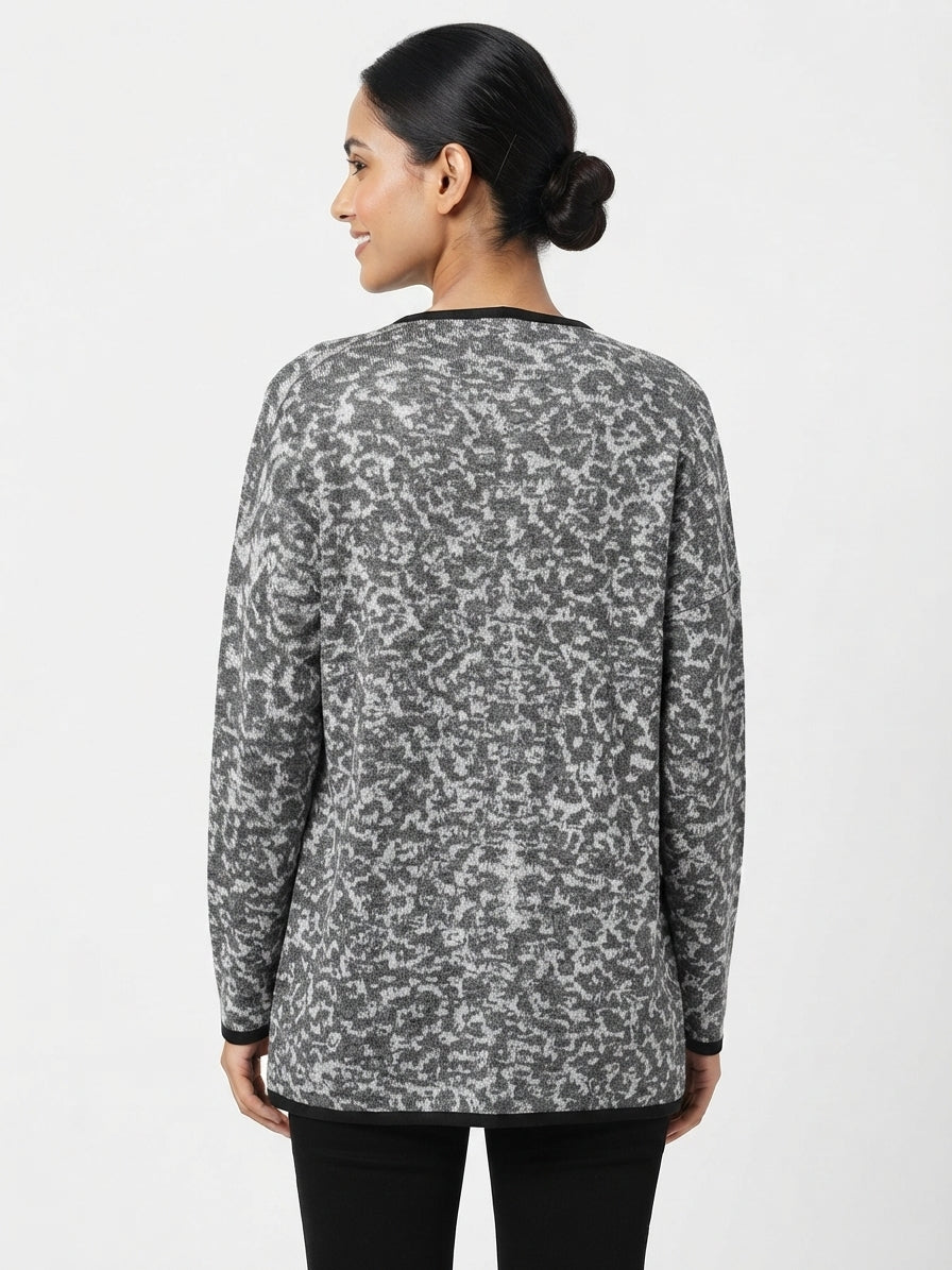 Women's Grey Abstract Print Relaxed Fit Cardigan