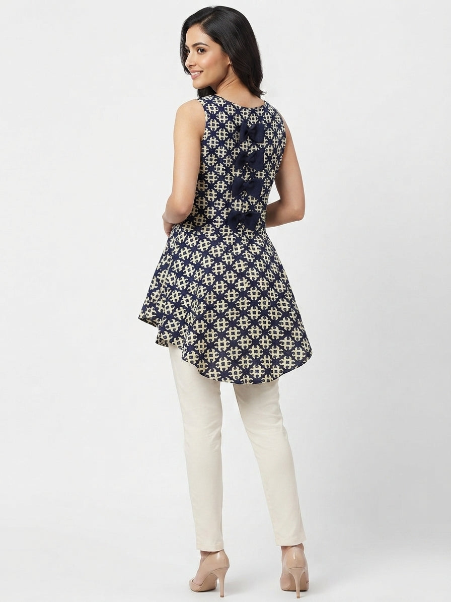 Women's Navy Printed Sleeveless Flared Top