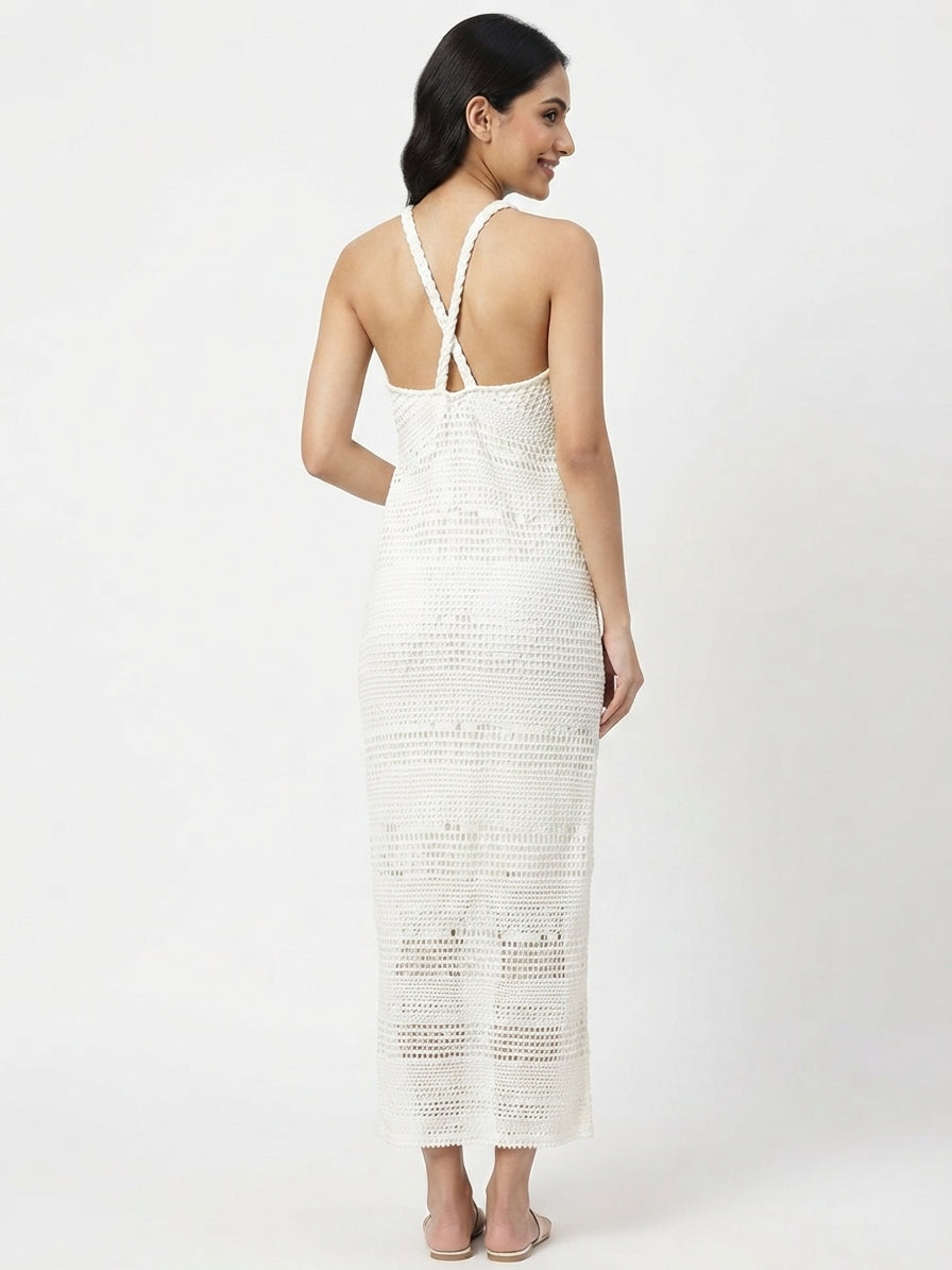 White Textured Halter Neck Slim Fit Dress