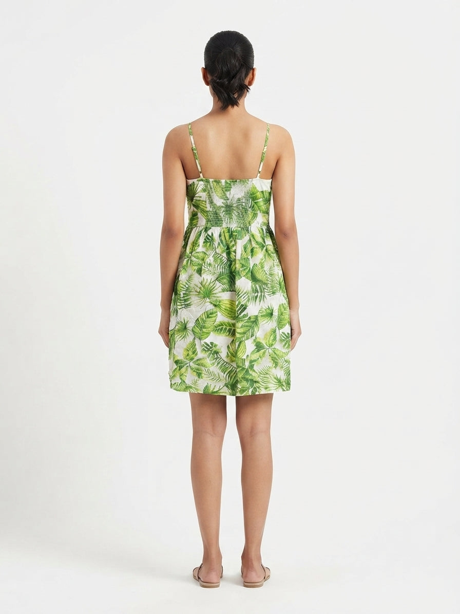 Women's Green and White Leaf Print Spaghetti Strap Dress