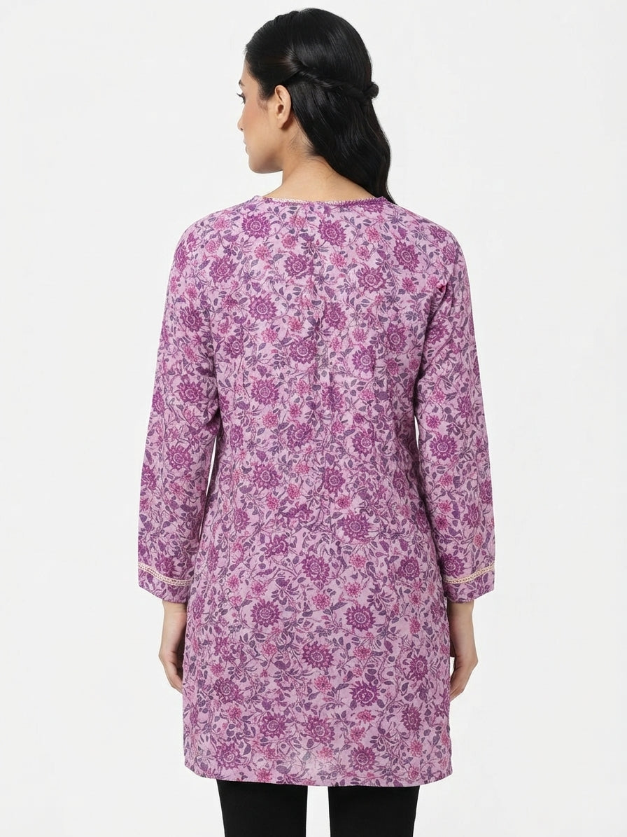 Light Purple Floral Printed Regular Fit Kurti