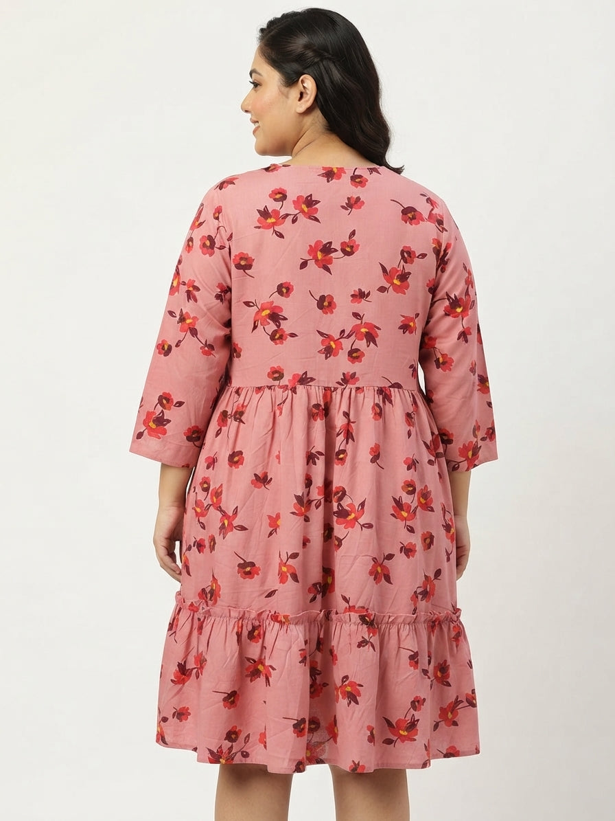 Pink Floral Printed Tiered Relaxed Fit Dress