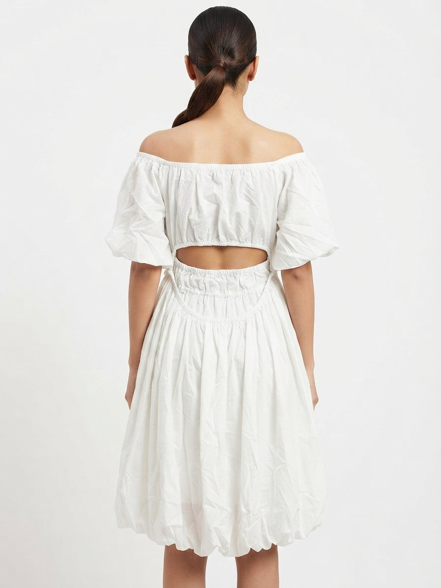 White Solid Off-Shoulder Casual Dress