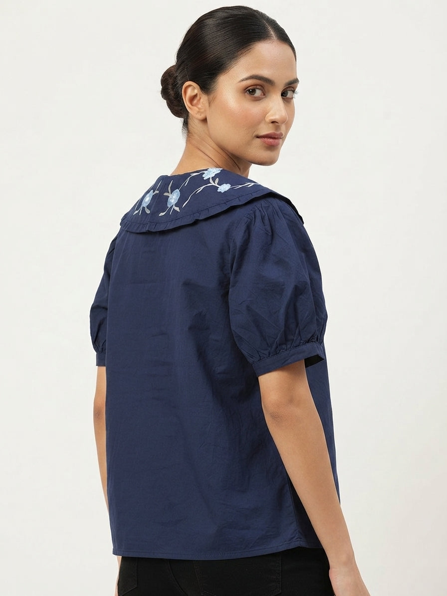 Women's Navy Floral Embroidered Collar Short Sleeve Top