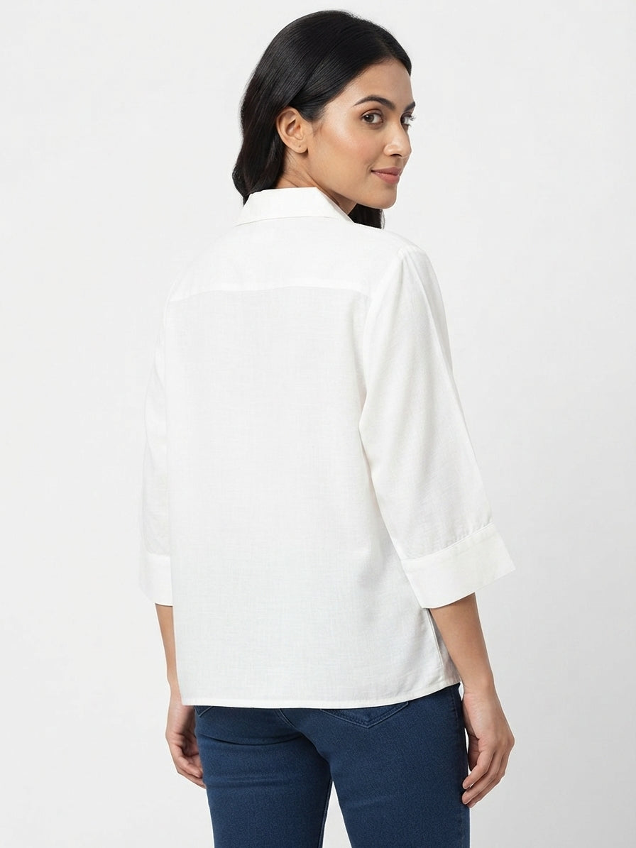 Women's White Relaxed Fit Collared Top