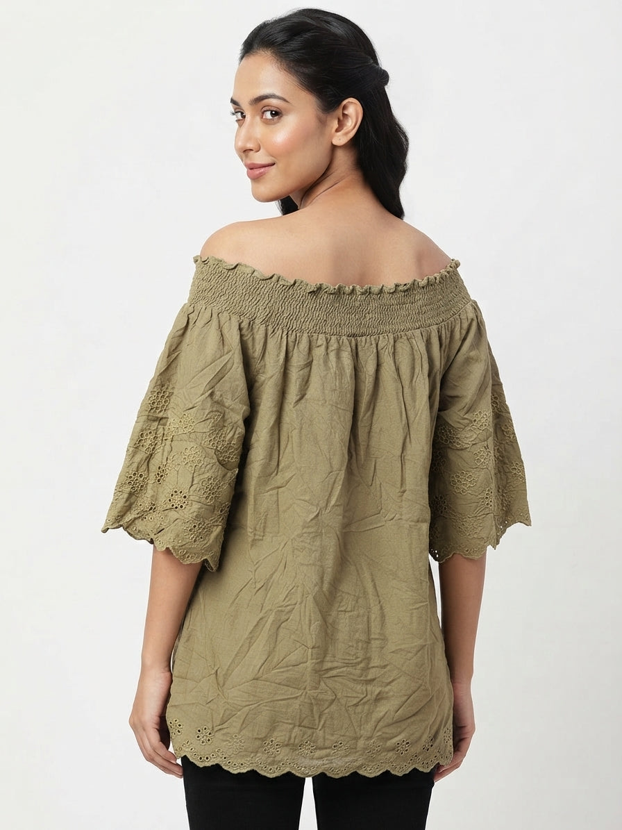 Women's Olive Embellished Smocked Top